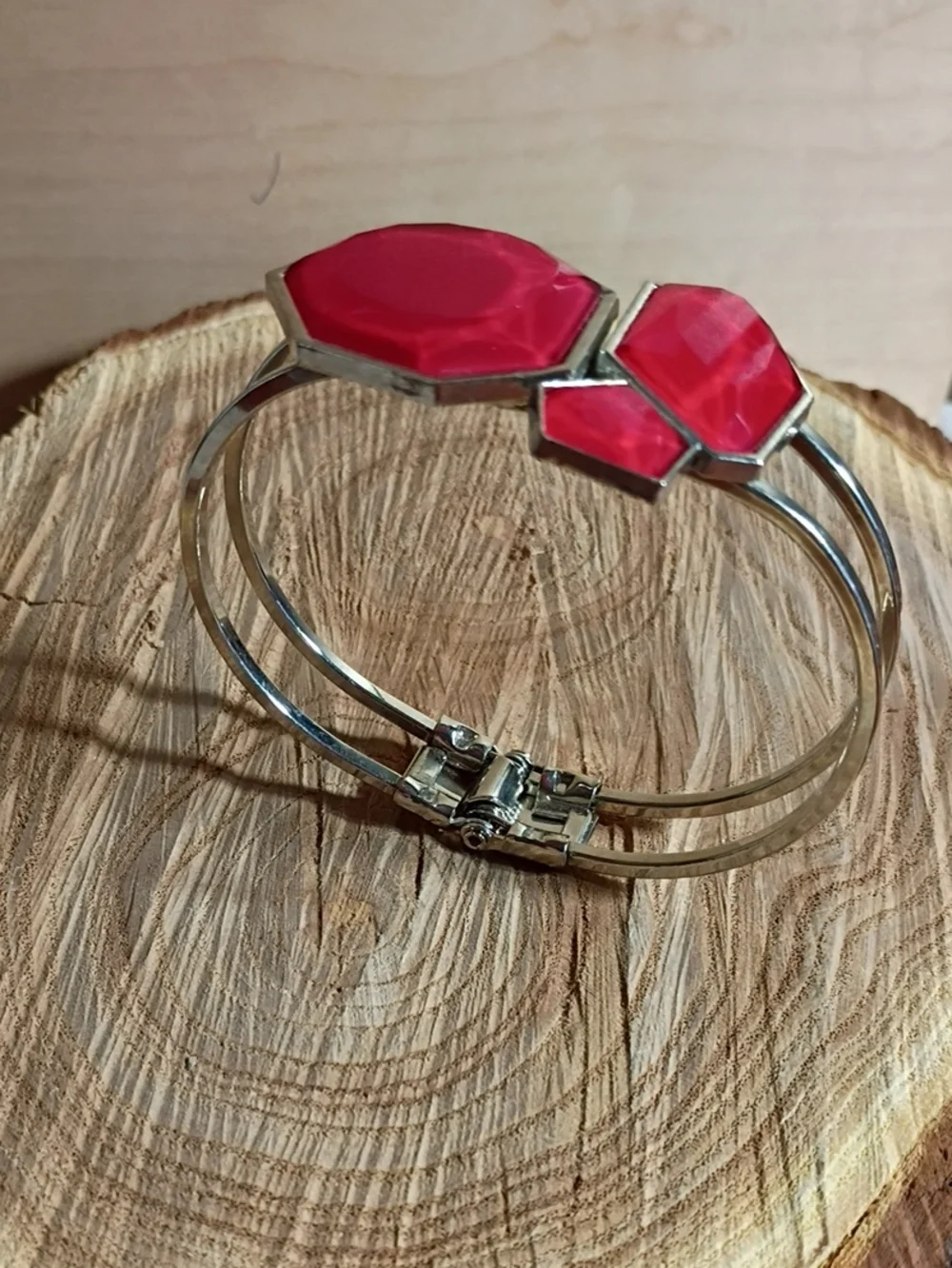 Pink Stone Accent Double-Band Bracelet Silver Tone